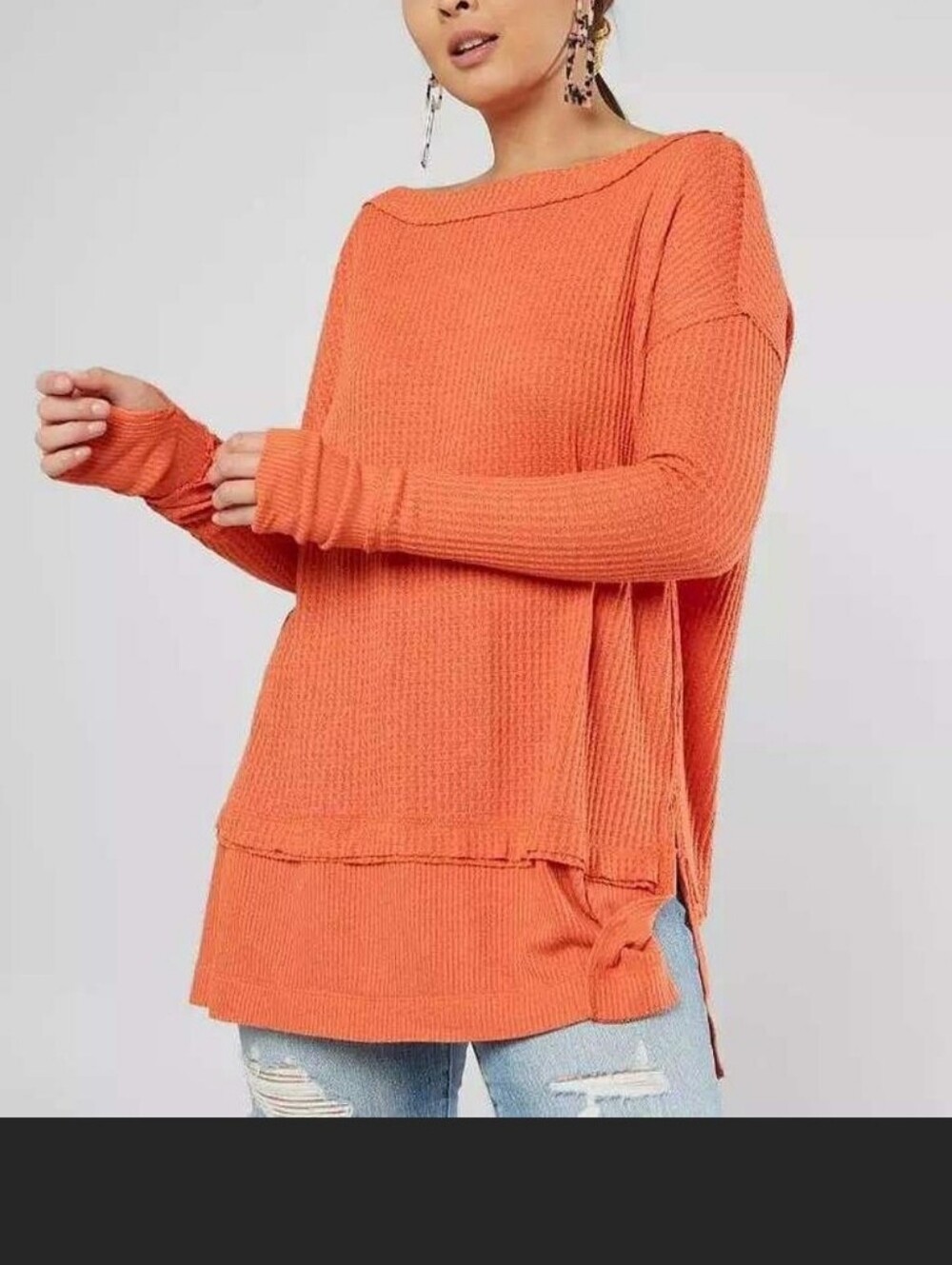 New NWT Free People North Shore Thermal Tunic Shirt Bright Coral Orange